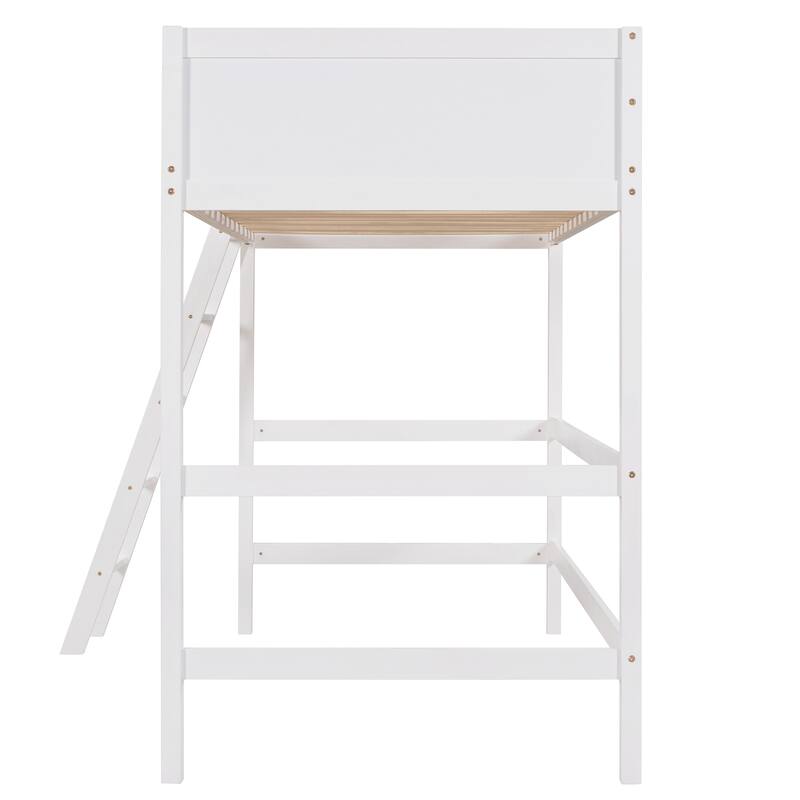 Solid Wood Twin Size Loft Bed with Ladder in White