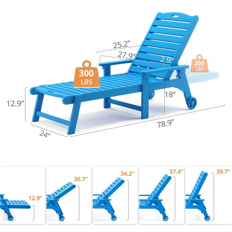 Outdoor Adjustable Wheeled Chaise Lounge Chairs with Arms for Patio, Deck, Backyard - 78.9"L x 24"W x 39.7"H