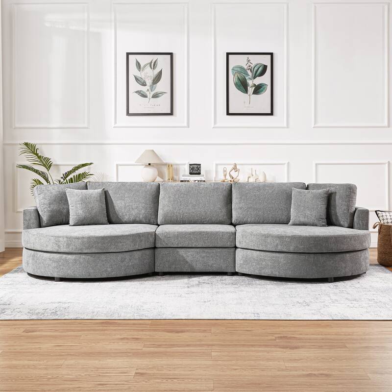 Roomfitters Modern Curved 3-Seater Sofa Couch with Throw Pillows, 129 Inch Wide