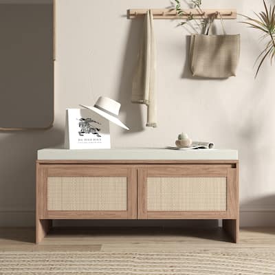 Mid-Century Modern Rattan Storage Bench – Features Two-Door Shoe Cabinet, Natural Wicker Finish, and Removable Cushion