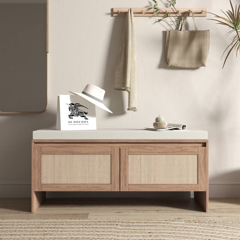 Rattan Storage Bench with Cushion,Shoe Cabinet with 2 Doors, Mid-Century Modern Wood Entryway Seat,Natural Finish