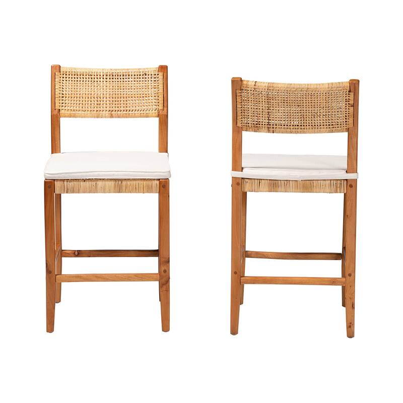 Chatura Natural Rattan and Mahogany Wood Counter Stool - Handwoven Wicker Stool with Angled Back, Coastal Boho Seating