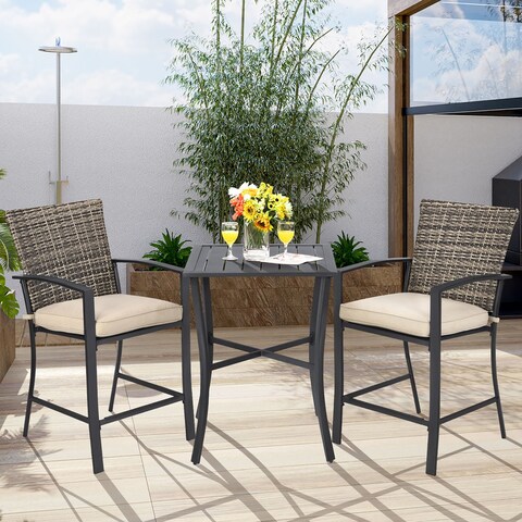 3PCS Patio Rattan Bar Furniture Set Slat Table 2 Cushioned Stools - See details