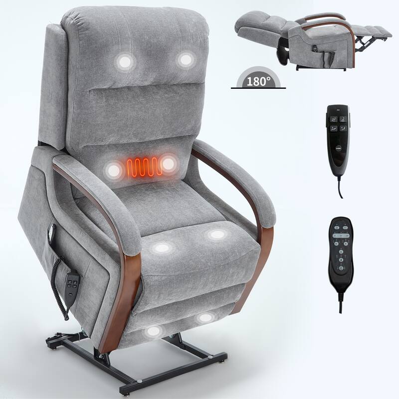 Roomfitters Dual Motor Power Lift Recliner, Infinite Position Massage Chair with Solid Wood Armrests, Chenille