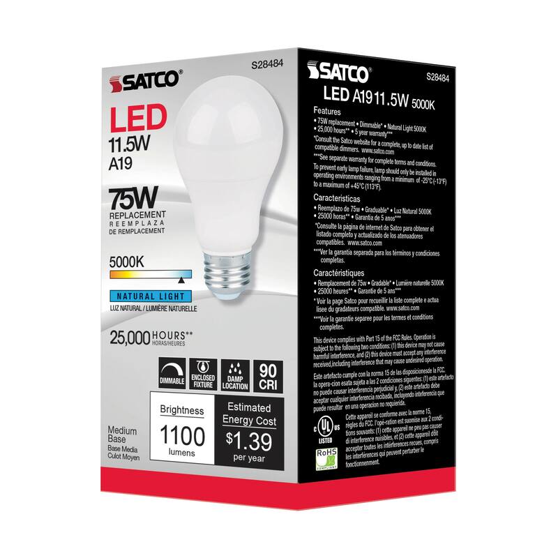 11.5 Watt A19 LED 90CRI 5000K Medium base 220 deg. Beam Angle 120 Volt 1100 Lumens CEC - White