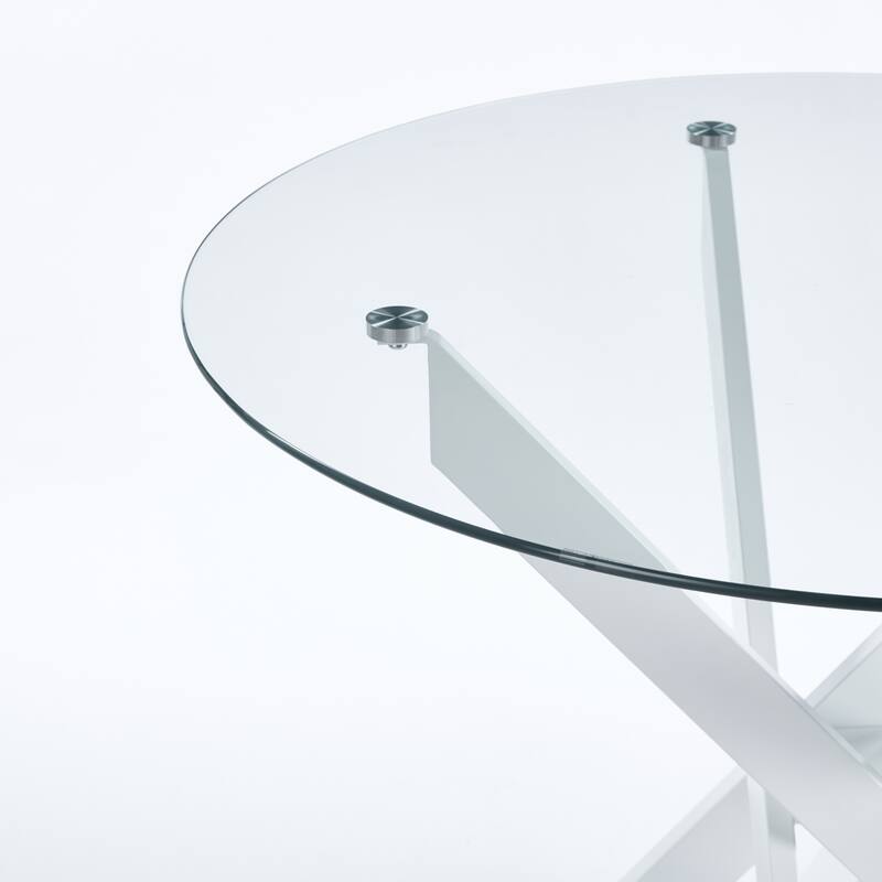 Modern Round Glass Dining Table for 2 to 4 Person, Circle Kitchen Table with Tempered Glass Top and Cross Metal Legs
