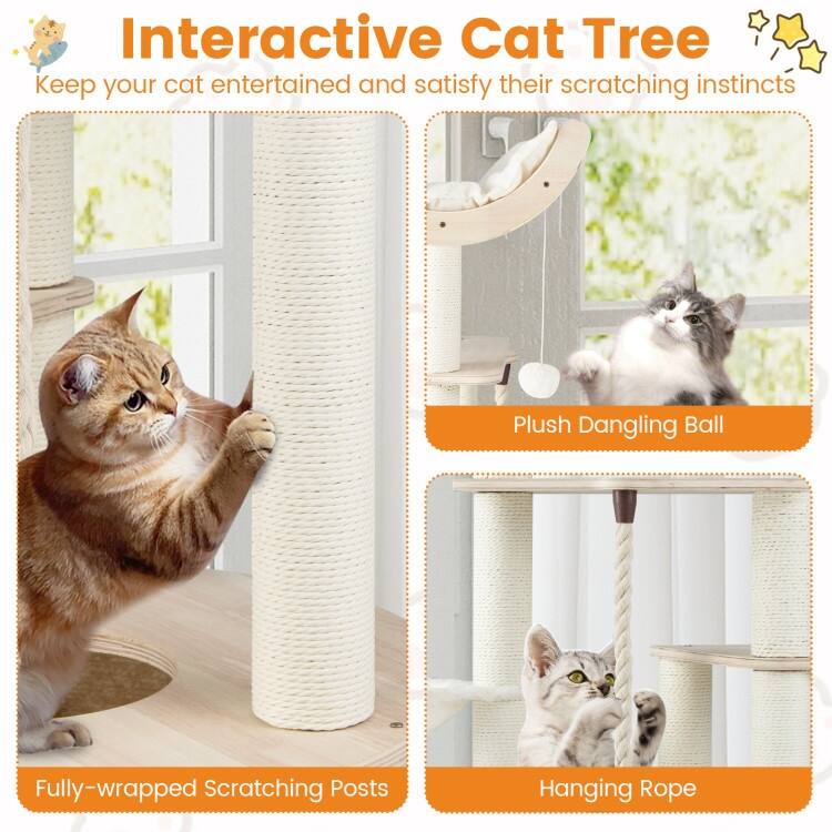 Natural Wooden Cat Tree Tower with Condo Hammock Perch and Scratching Posts 55 Inch Multi Level