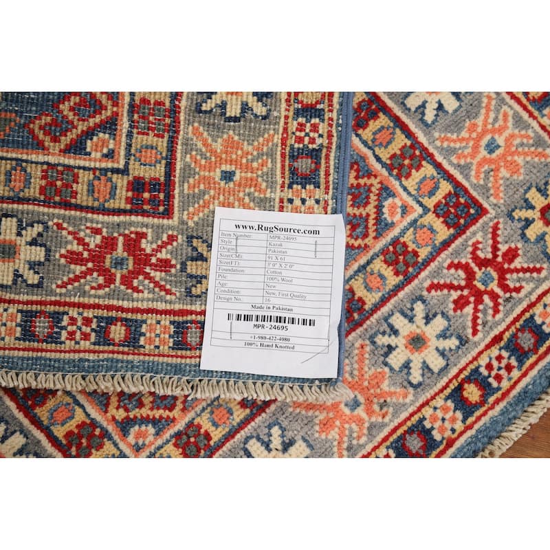 Traditional Kazak Rug Handmade Blue Oriental Wool Carpet - 2'0"x 3'0"