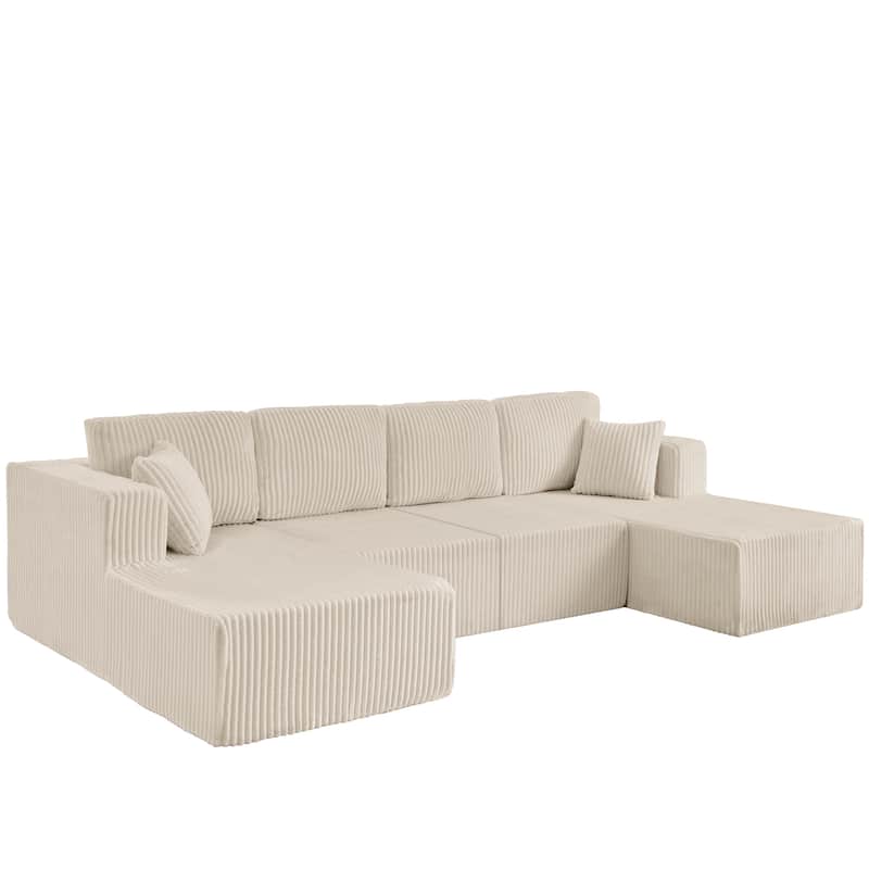U-Shaped Modular Sectional Sofa with Dual Chaise Lounges, Oversized Corduroy Boneless Couch, Compressed Sofa with Pillows