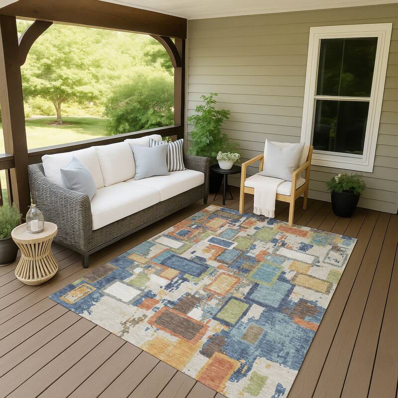 Machine Washable Indoor/ Outdoor Contemporary Geo Chantille Rug - Denim - 3' x 5'
