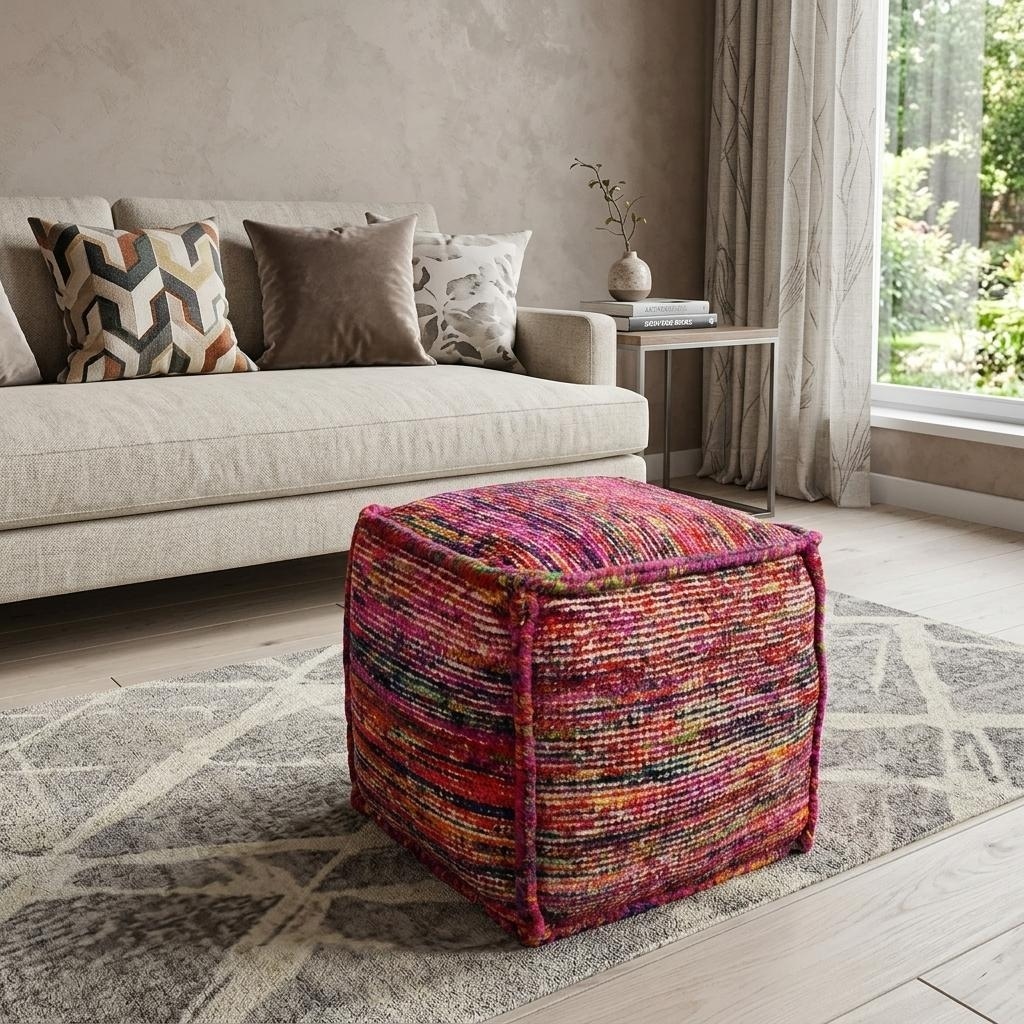 HomeRoots 18 Pink Wool Cube Pouf Ottoman