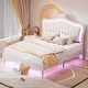 preview thumbnail 1 of 41, Remote Control LED Lights Bed Frame, PU Upholstered Princess Bed with Crown Headboard, Wood Slat Platform Bed