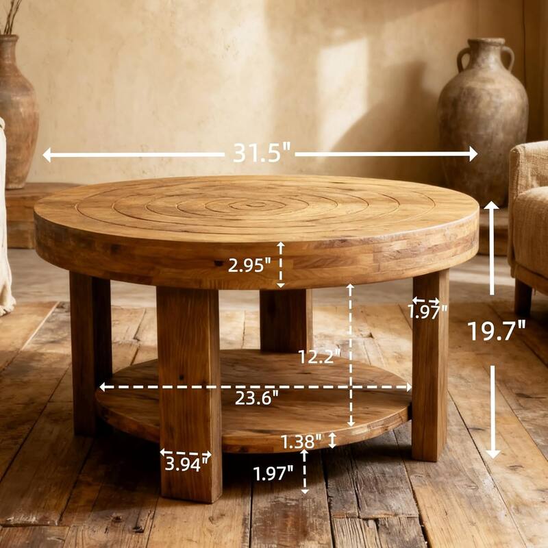 Solid Wood Round Coffee Table Entertainment Center Table for Living