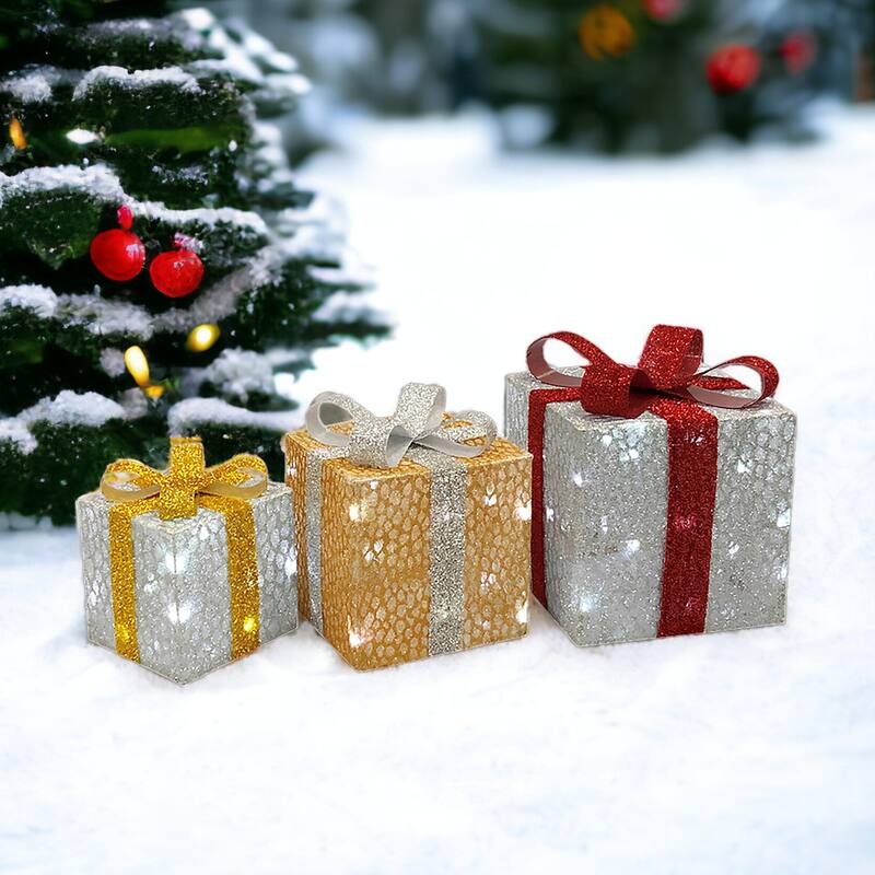 Christmas 1 ft. 3D Morphing Gift Boxes Woven Glitter, Set of 3