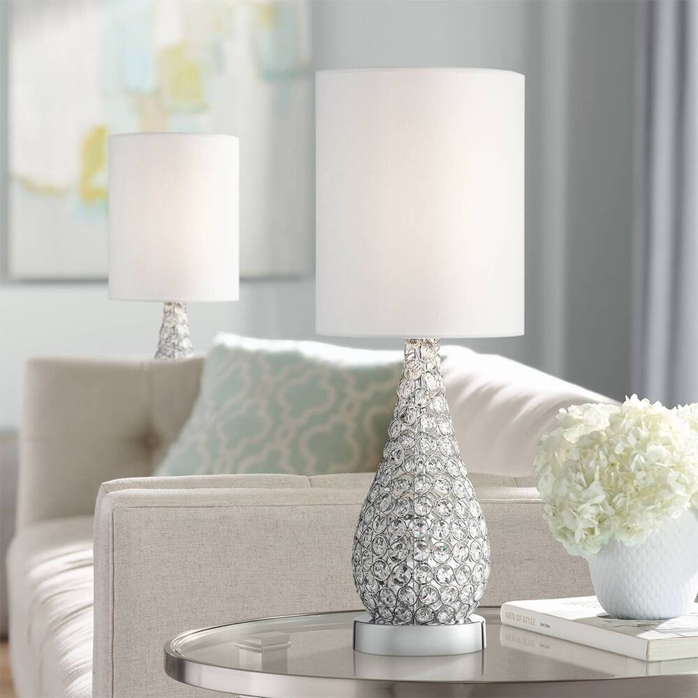 Set of 2 Modern Table Lamp Crystal Bead Gourd White 8" x 21" Bed