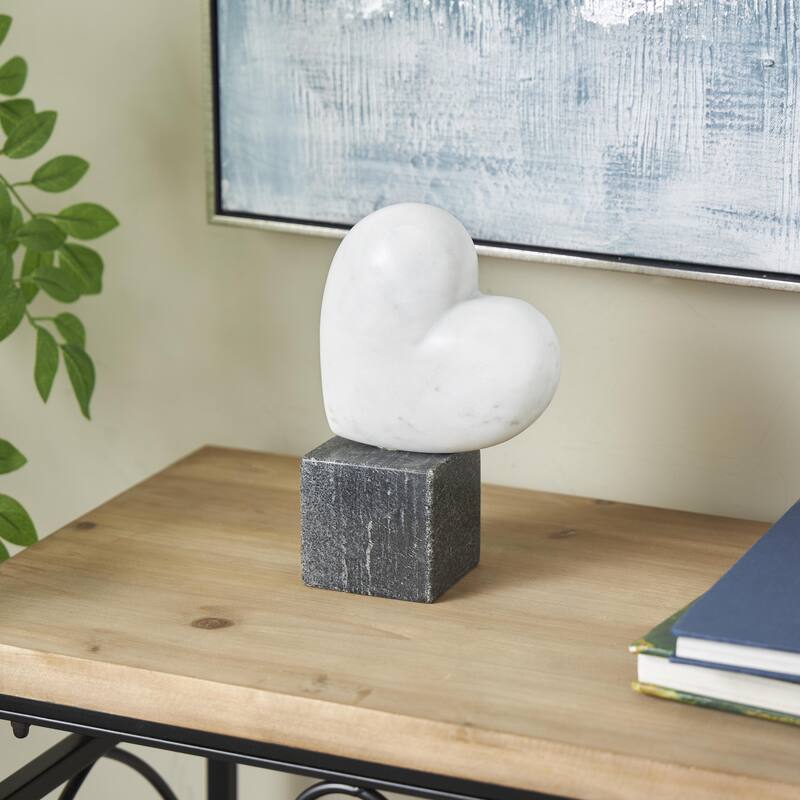 White Marble Slanted Heart Decorative Sculpture with Black Block Base