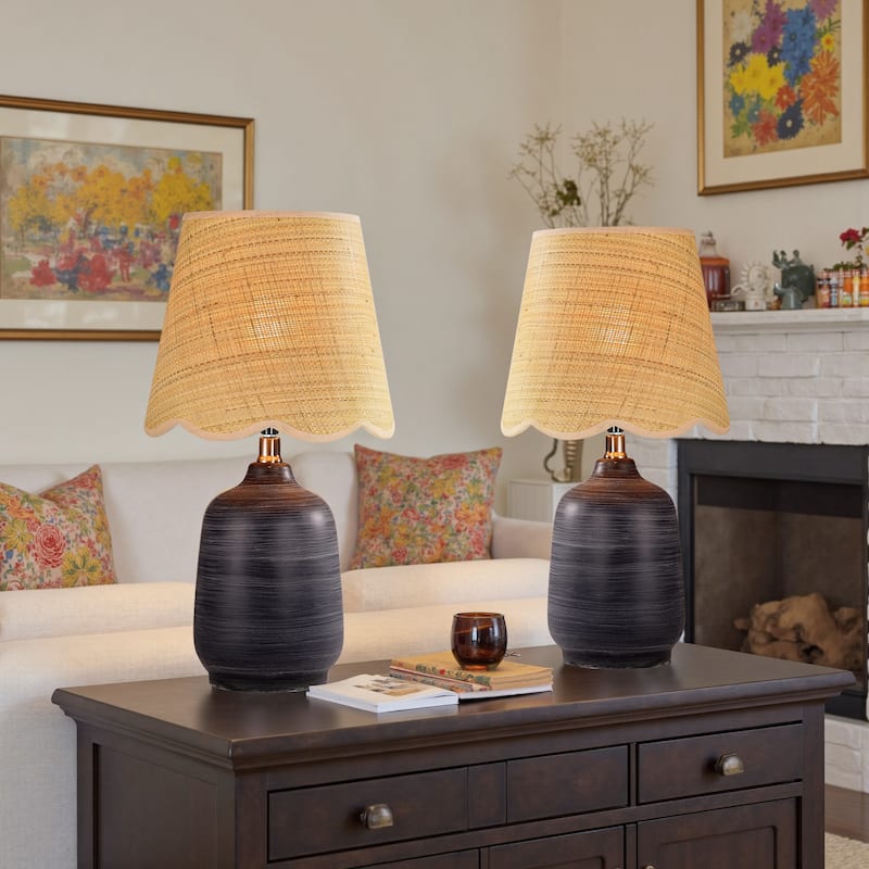 18.9" Ceramic LED Table Lamp, Living Room Lamps For End Tables - Black White Striped-Set of 2 - 10.1"W X 10.1"D X 18.7"H