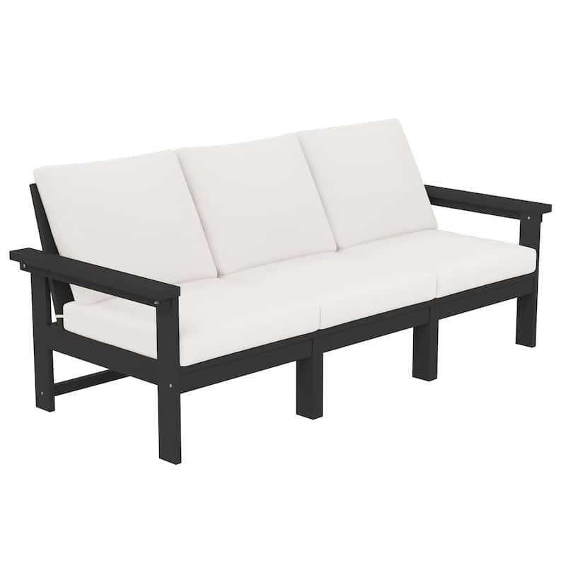 Outdoor Patio HDPE 3-Seat Sofa, 3 Removable Cushions Included - Black & Khaki