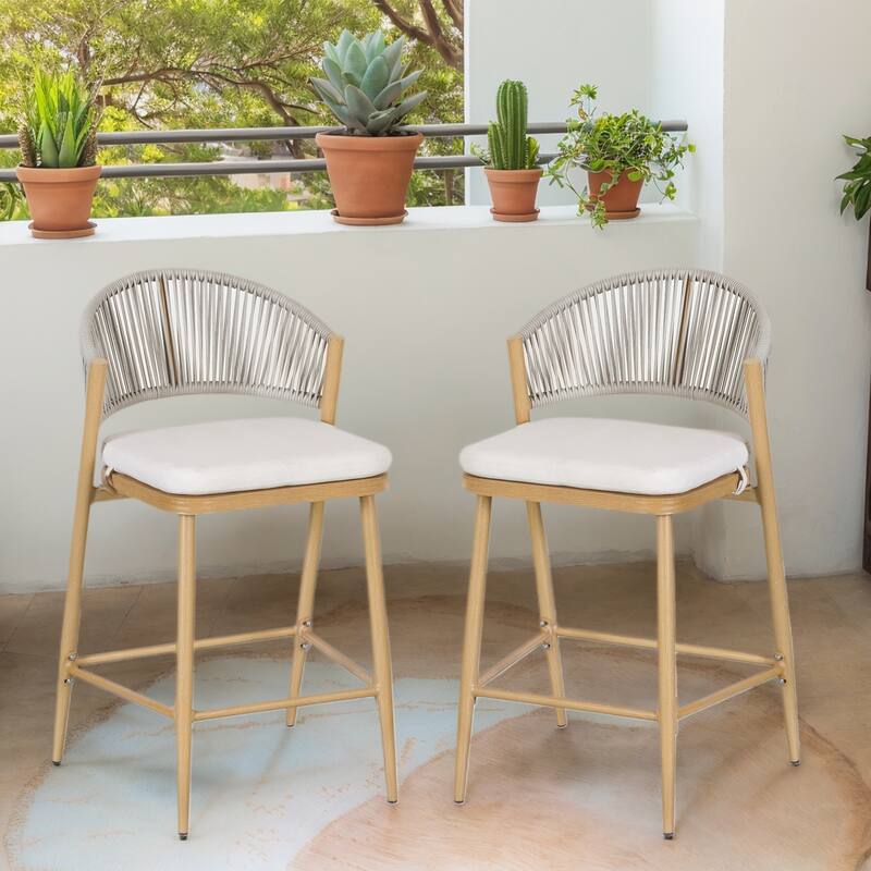 Christopher Knight Home - Beverly Durable Outdoor Counter Stools with Scallop Backrest, Set of 2 - Maple Finish+Aluminum