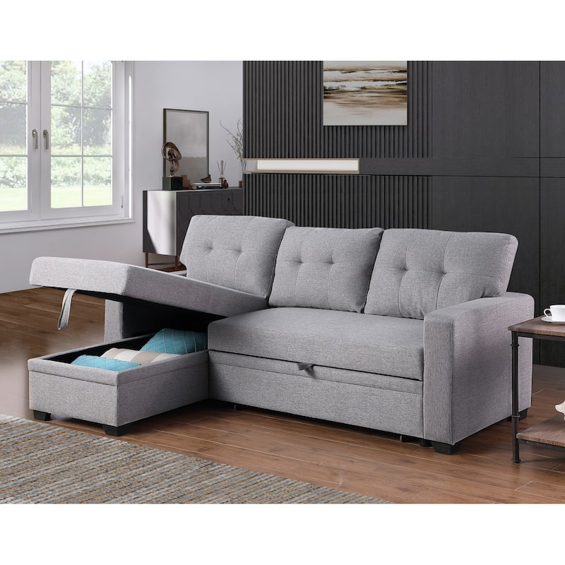 Pull-out Upholstered Sectional Sofa with Storage Chaise & Removable Cushions