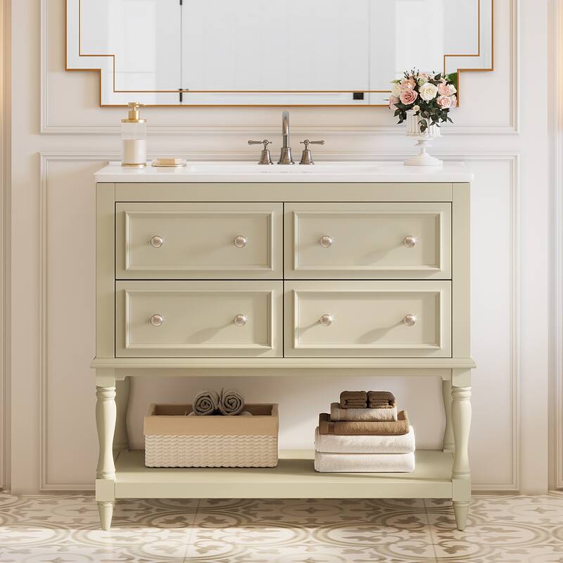 35.4" Beige Single Bathroom Vanity with Ceramic Basin and 4 Drawers