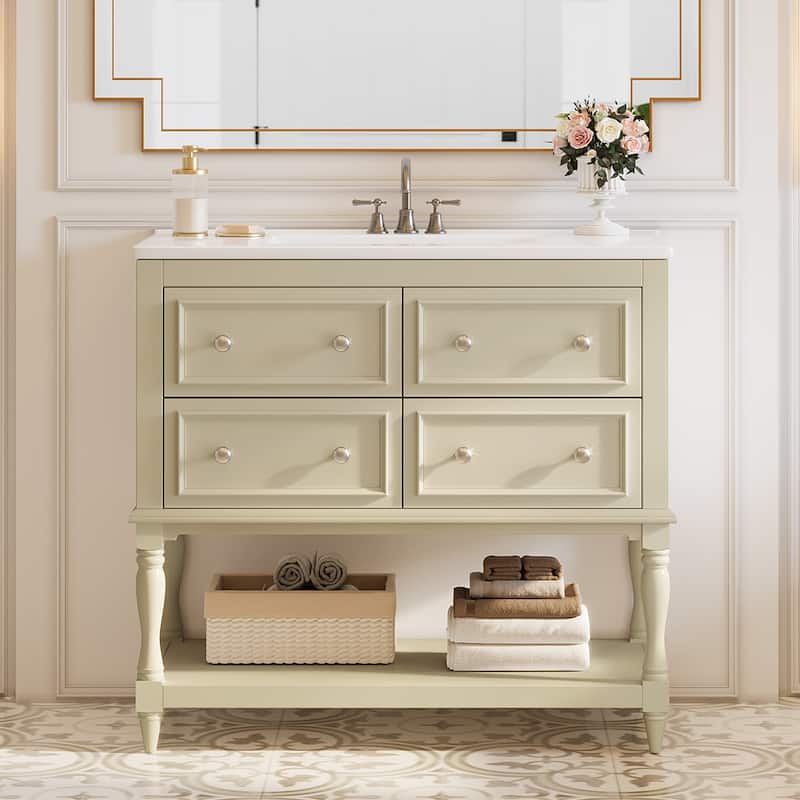 36" Modern Bathroom Vanity with Ceramic Basin, 4 Drawers