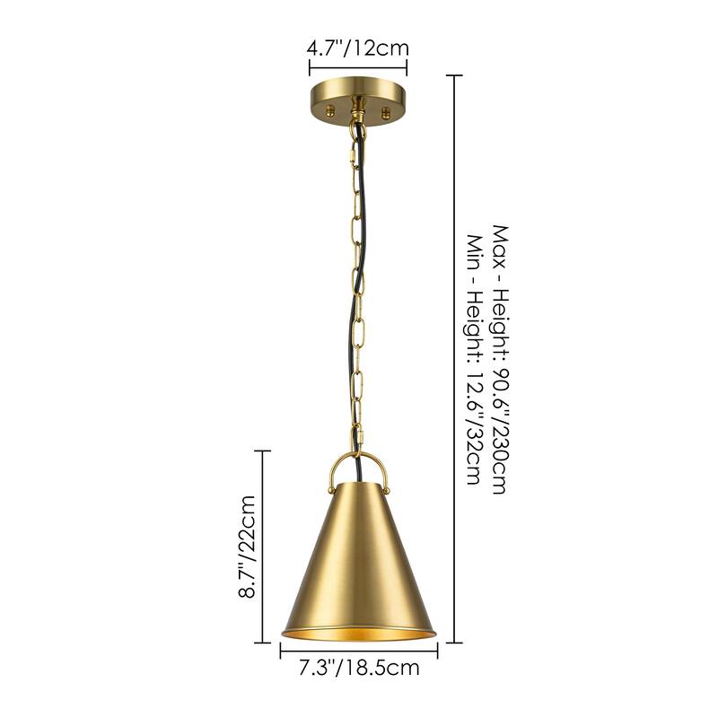 7.3" 1-Light Retro Brass Finish Pendant Light with Cone Shade for use in Bedroom, Kicthen Island