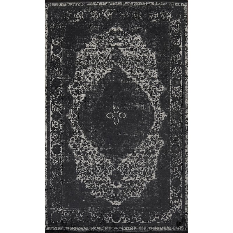 Machine Made Oriental Polyester Carpet Traditional Medallion Black Tabriz Area Rug - 7' 5'' X 5' 2''