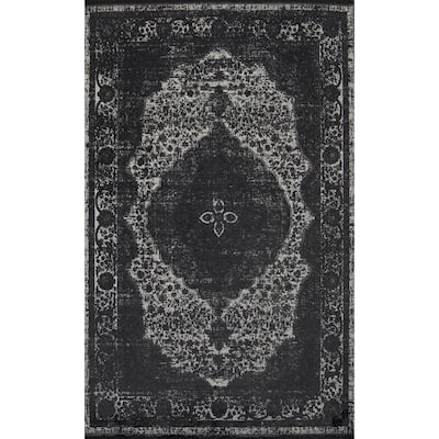 Machine Made Oriental Polyester Carpet Traditional Medallion Black Tabriz Area Rug - 7' 5'' X 5' 2''