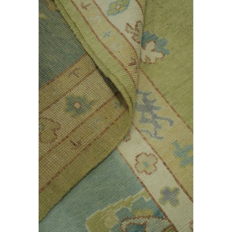 Vegetable Dye Green Oushak Turkish Large Rug, Medallion Geometric Carpet - 14' 1'' X 10' 0''