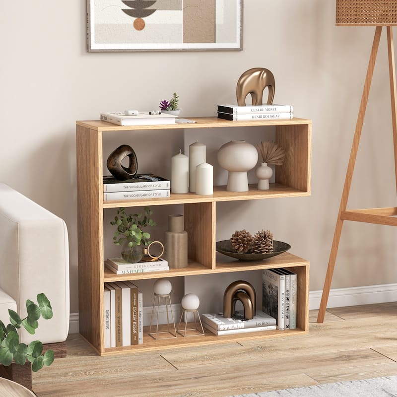 Natural Engineered Wood Geometric Bookshelf with Open Storage Shelves for Living Room or Office - 33" x 11.5" x 33" (L x W x H)