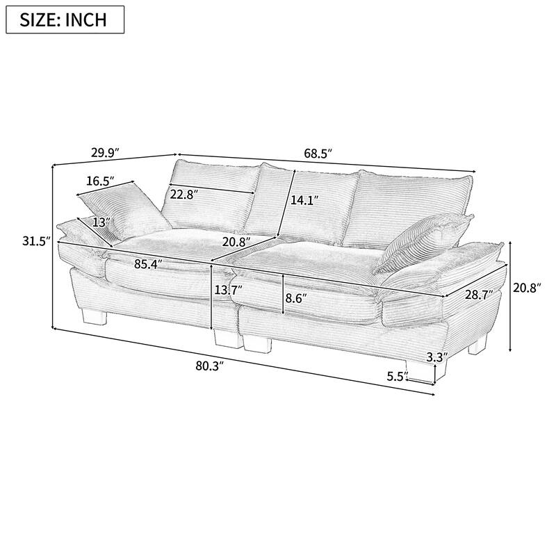 Corduroy Fabric Curved Sofa with Pillows and Removable Cushion Cover