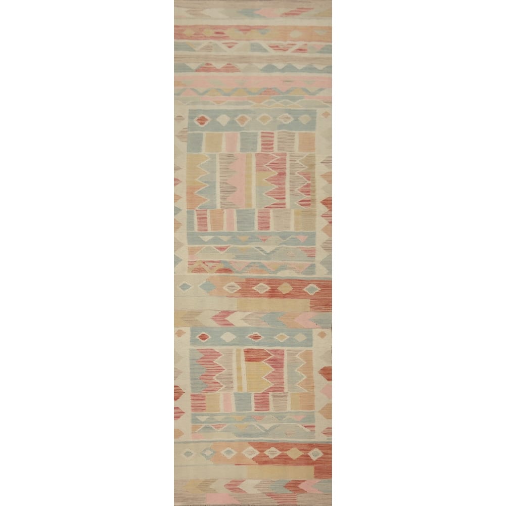 Hand Woven Oriental 100% Wool Carpet Southwestern Tribal Multi-Colored Kilim Runner Rug - 12' 1'' X 2' 7''
