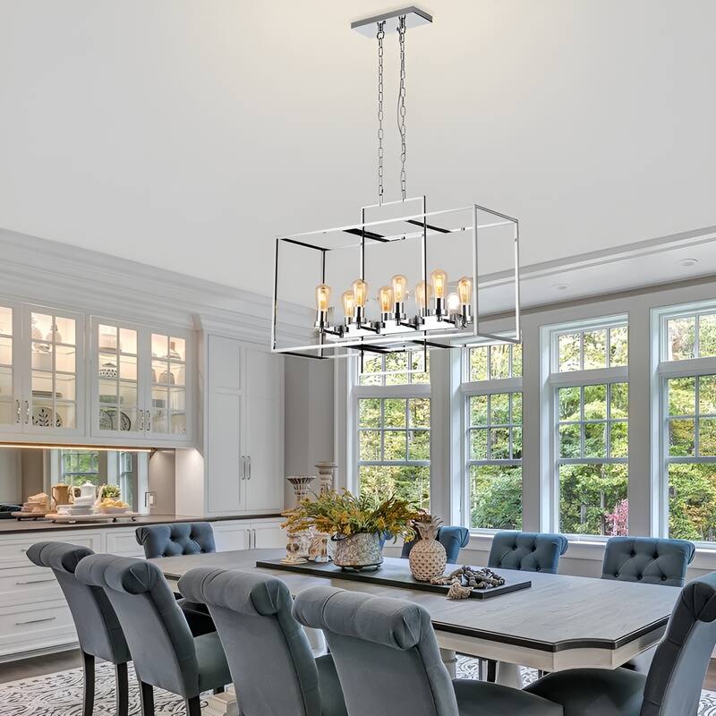 8 Light Cubic Cage Chrome Chandelier Rectangle for Kitchen Island Dining Room