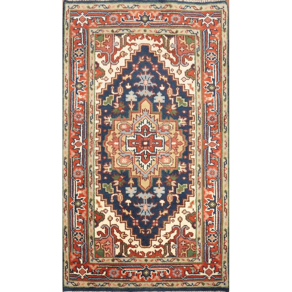 Hand Knotted Oriental 100% Wool Carpet Traditional Medallion Navy Blue & Blues Heriz (serapi) Area Rug - 5' 0'' X 3' 0''