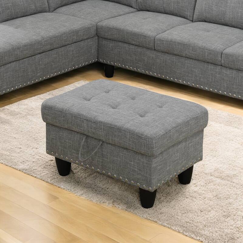 KISRAIS 28.5" Wide Upholstered Nailhead Trim Storage Ottoman - Light Grey Linen