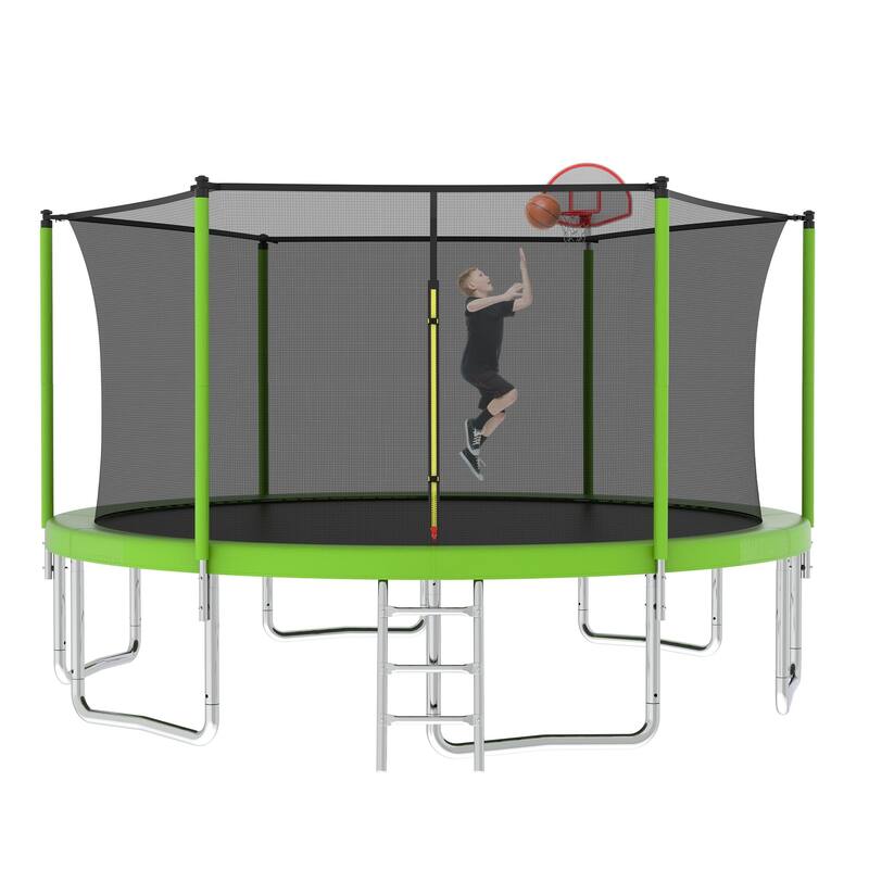 Outdoor Kids Trampoline with Basketball Hoop and Ladder, with Safety Enclosure for Backyard Fun