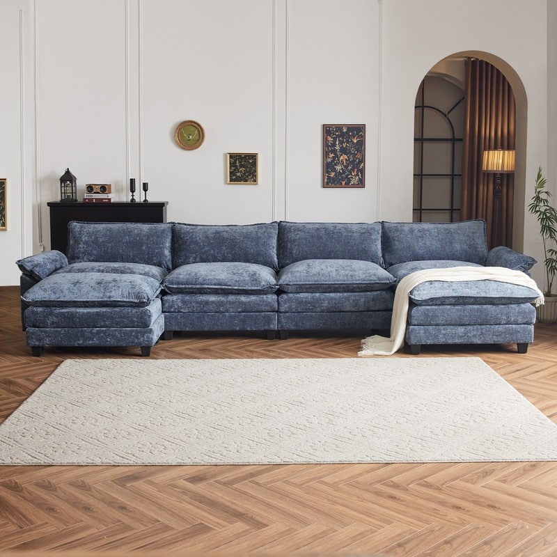 Full KD Double Cushion Chenille Sofa with Ottoman
