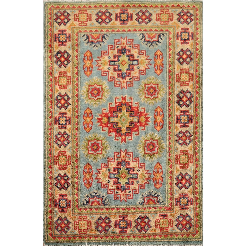 Geometric Blue Kazak Oriental Foyer Rug Handmade Wool Carpet - 2'0" x 3'1"
