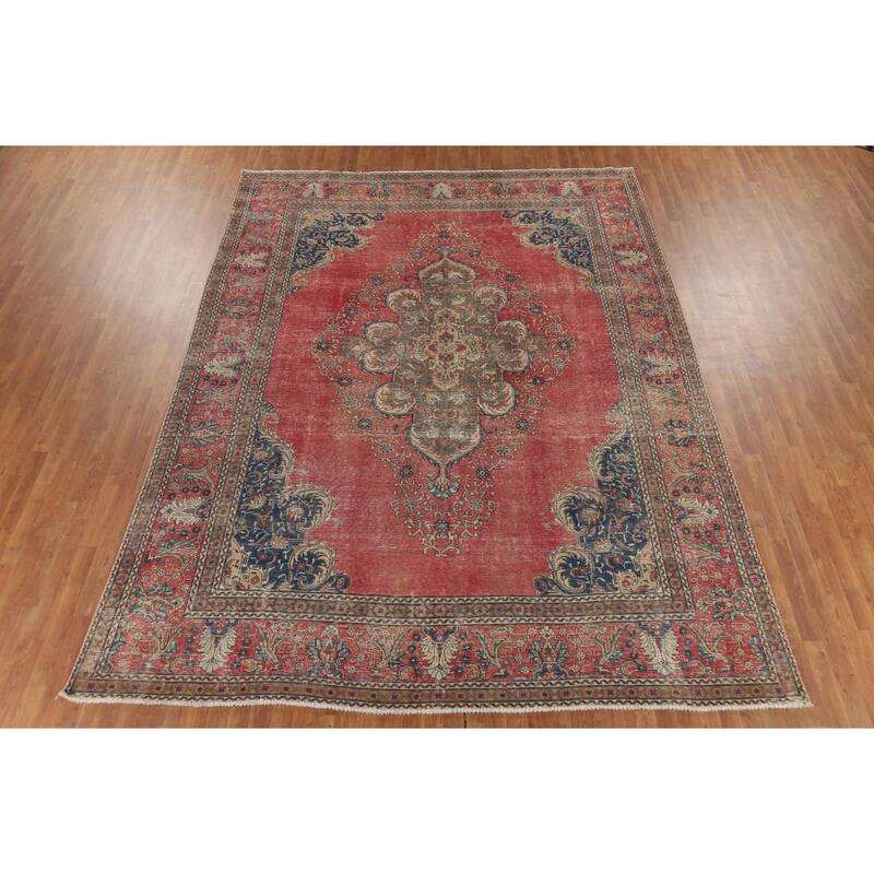 Distressed Tabriz Persian Vintage Rug Hand-Knotted Wool Carpet - 9'6"x 12'10"