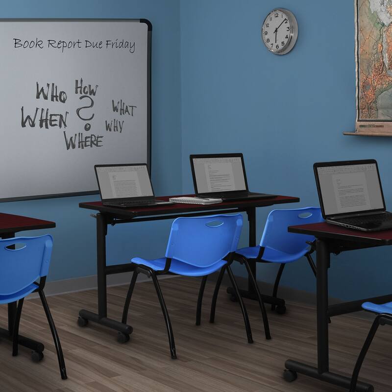 48" Flip Top Mobile Training Table- Mahogany & 2 'M' Stack Chairs- Blue