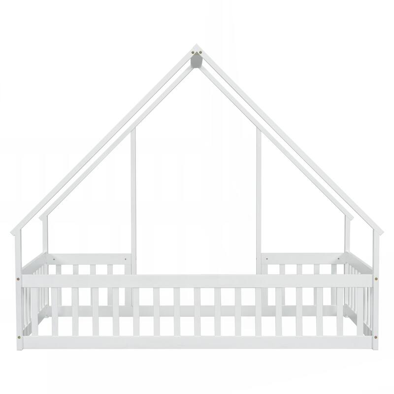 Twin Wood House-Shaped Floor Bed with Fence