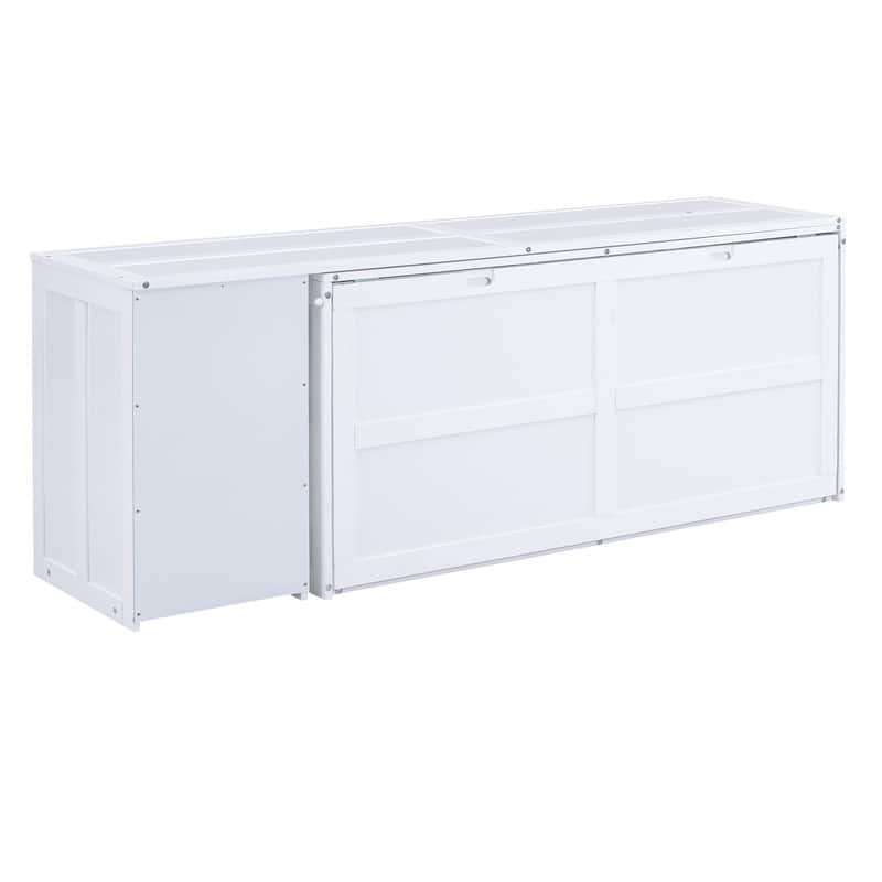 Queen Size Mobile Murphy Cube Cabinet Bed with Rotable Desk, Solid Wood Murphy Bed Chest Platform Murphy Bed for Guest Room