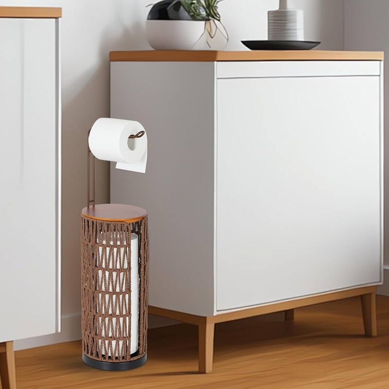 Freestanding Toilet Paper Holder with Storage,3 Rolls of Rattan Tissue Holder,Woven Toilet Paper Roll Holder Stand - Coffee