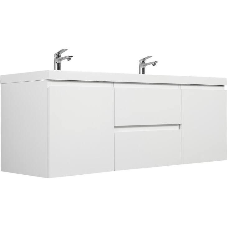 ABRUZZO 60" Floating Bathroom Double Vanity with Integrated Resin Top 2 Basins 2 Cabinets 2 Soft Close Drawers Full Assembly