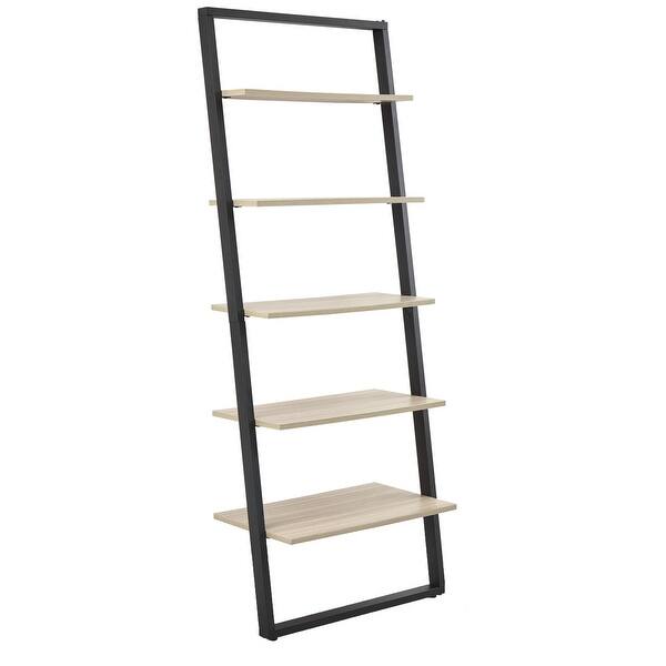 75 Inch Leaning Bookshelf, Ladder Design, 5 Gray Melamine Shelves