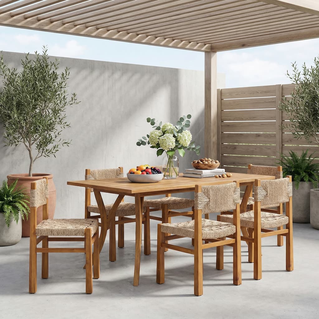 Christopher Knight Home - Rustic 7-Piece Acacia Wood Outdoor Dining Set with Wicker Woven Dining Chairs & 59" Slatted Table