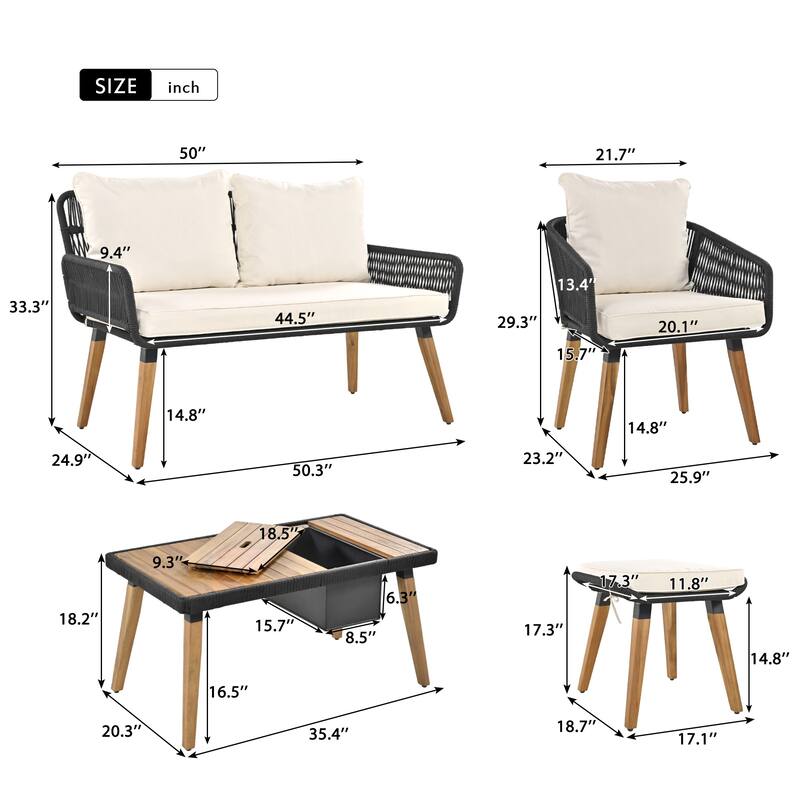 6 Pcs Patio Furniture Set, All-Weather Conversation Sets with Cushions Armchairs, Acacia Wood Bar Table and Ice Bucket