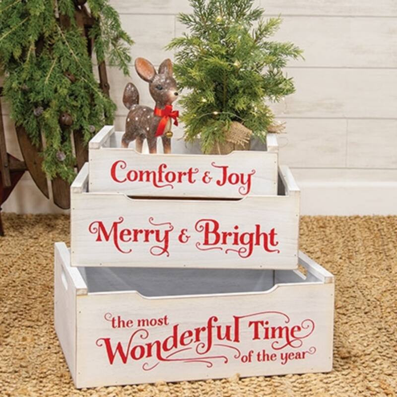 3/Set - Most Wonderful Time of the Year Wooden Crates w/Handles - Multi