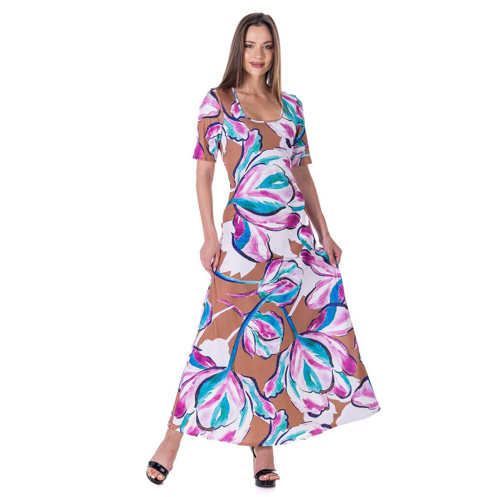 24seven Comfort Apparel Womens Pink Floral Elbow Sleeve Casual A Line Maxi Dress